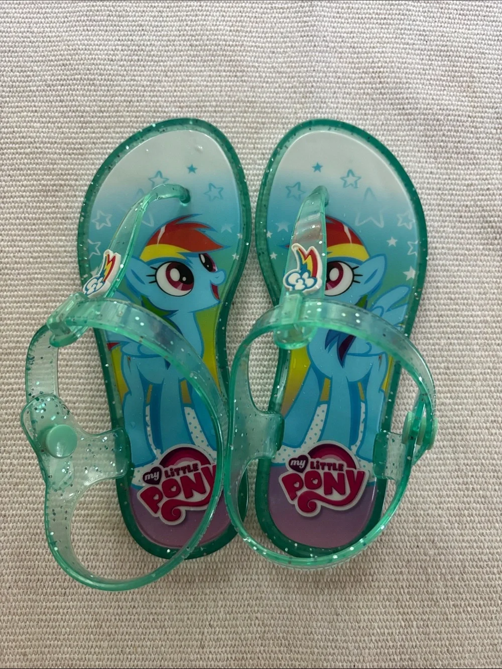 My Little Pony Green Teal Glitter Jelly Sandals with Rainbow Dash 11/12 XL
